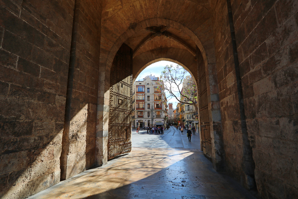 views of the old town through Torres de Serranos, Valencia