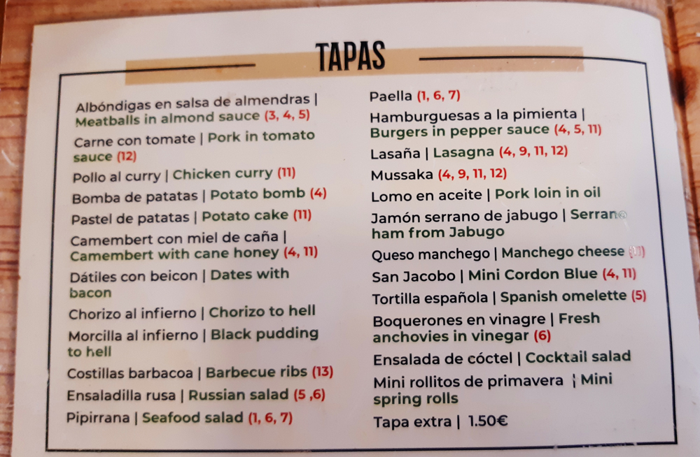 Tapa menu at Redondo